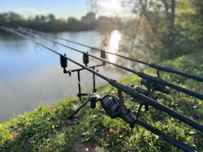 Carp fishing rods on the rod pod near the lake